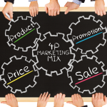 Ilustración de las 4P del marketing mix en un tablero, con palabras como producto, promoción, precio y venta conectadas por engranajes.
