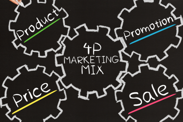 Ilustración de las 4P del marketing mix en un tablero, con palabras como producto, promoción, precio y venta conectadas por engranajes.