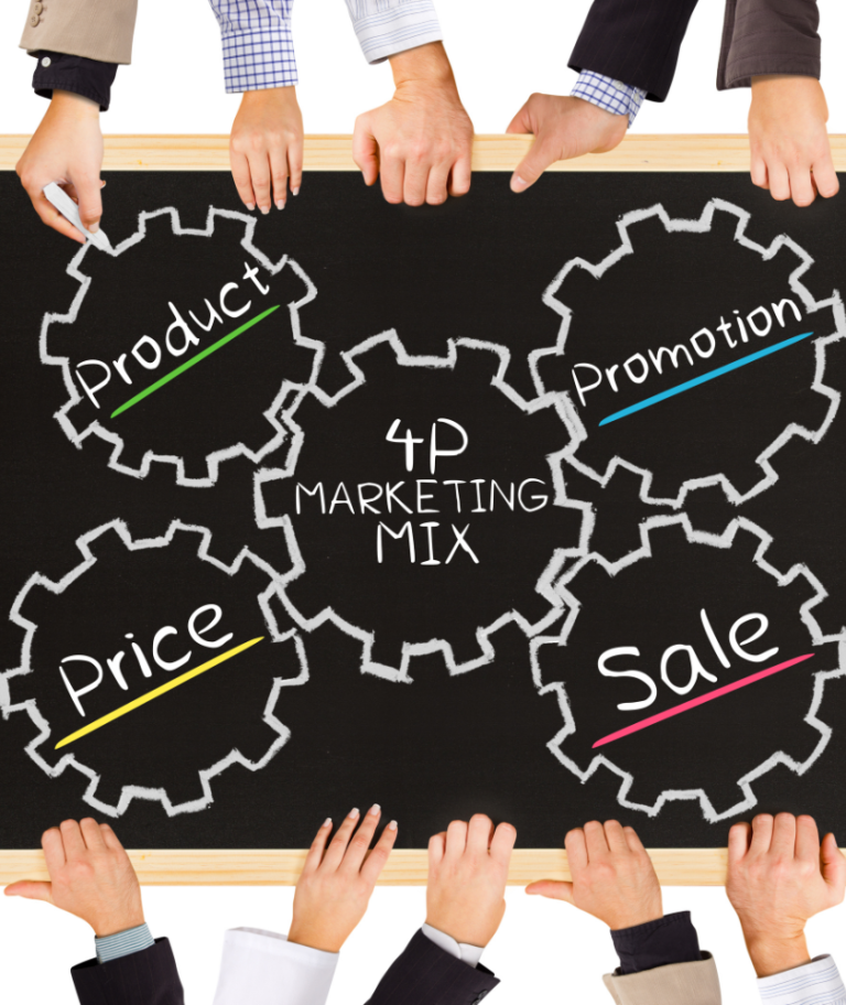 Ilustración de las 4P del marketing mix en un tablero, con palabras como producto, promoción, precio y venta conectadas por engranajes.