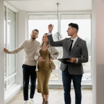 Fotografía de un agente inmobiliario mostrando una propiedad a clientes.