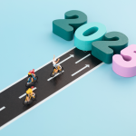 Representación de ciclistas llegando a la meta 2025.